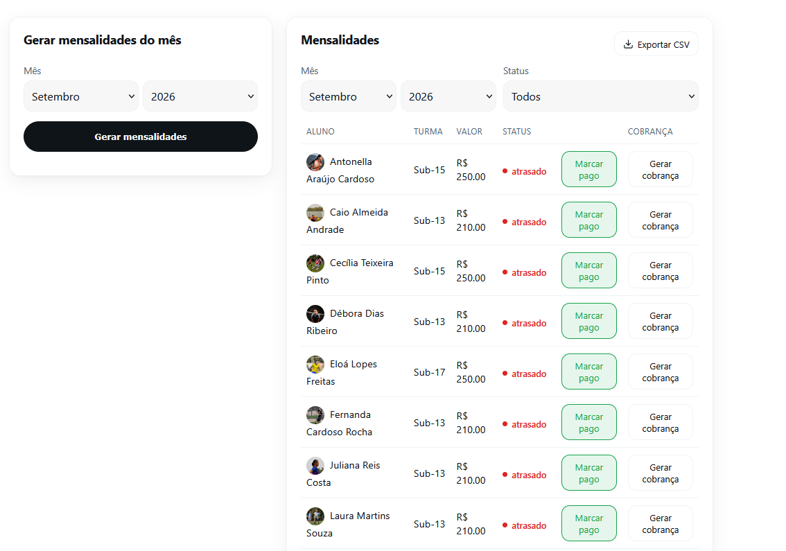 Tela de Mensalidades do Base Forte, com lista de alunos com pagamento atrasado, botão de marcar como pago, gerar cobrança e exportar em planilha